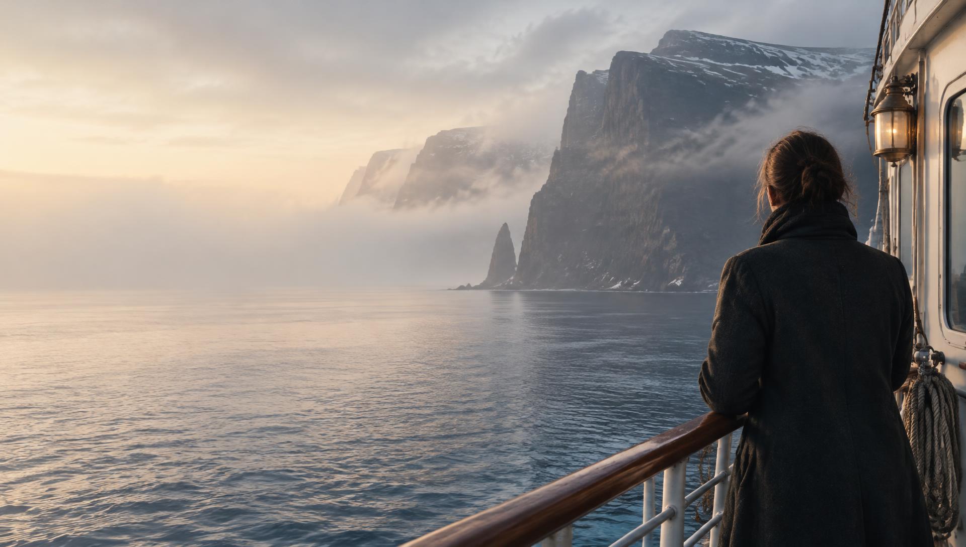 A traveller at a ship's rail looking across still water toward mist-wreathed sea cliffs