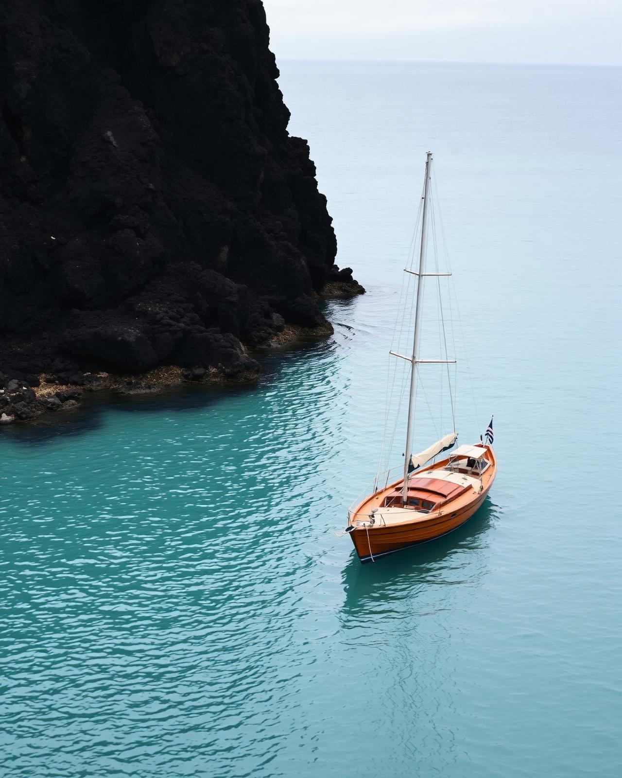 [Placeholder] A wooden sailing boat moored in a secluded cove beside dark volcanic rock