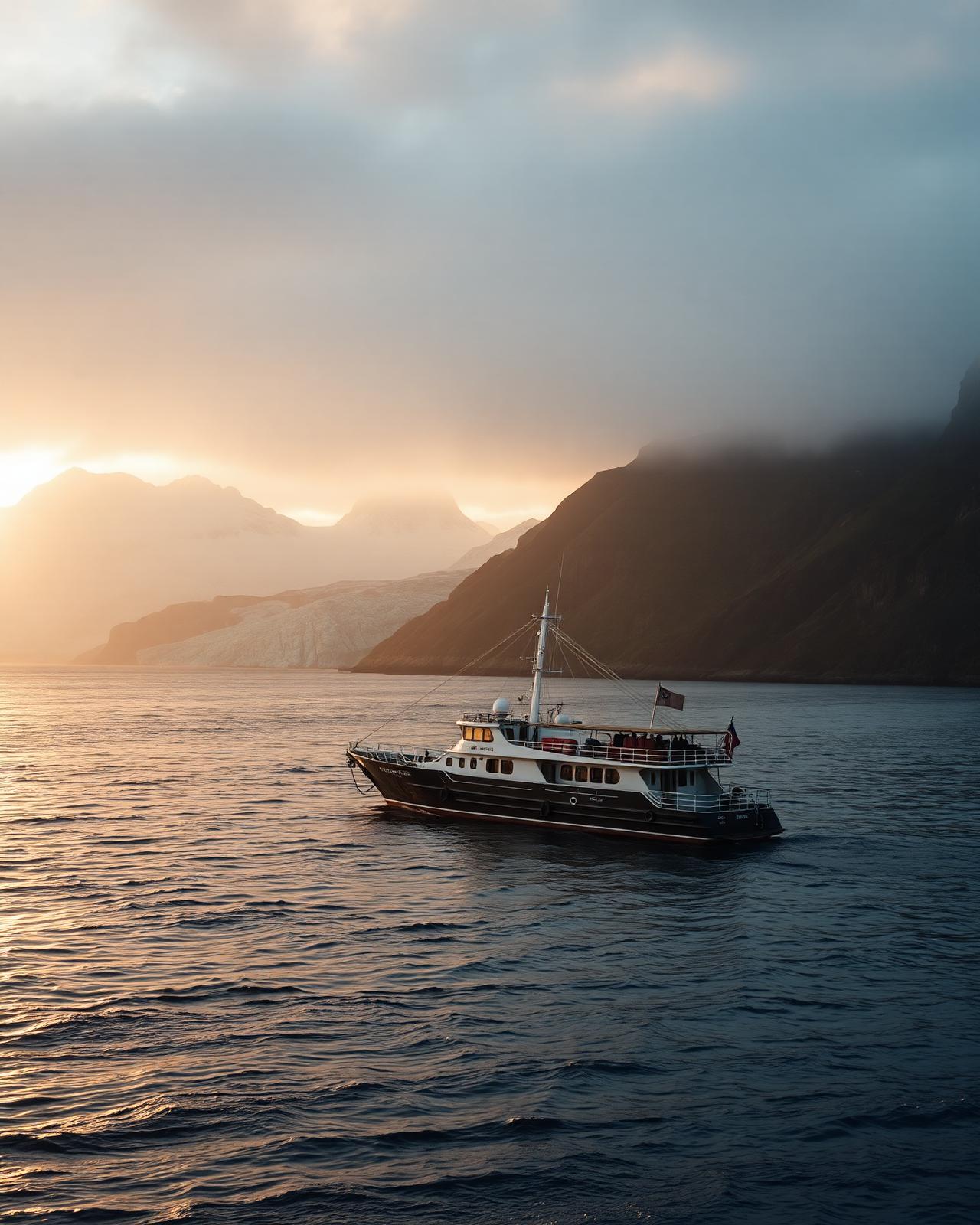 [Placeholder] A small expedition ship anchored in a remote glacial bay at golden hour