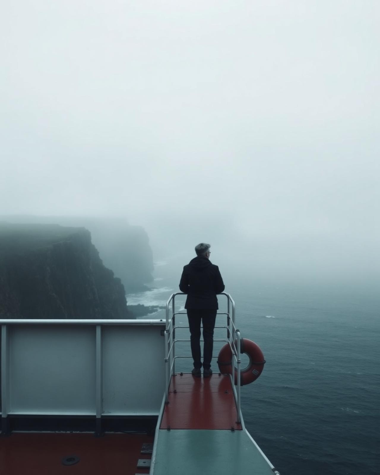 A traveller at a ship's rail looking out toward a misty coastline