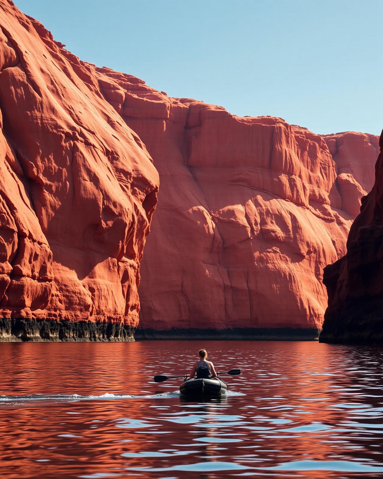 [Placeholder] A traveller in a small boat beneath towering red sandstone cliffs
