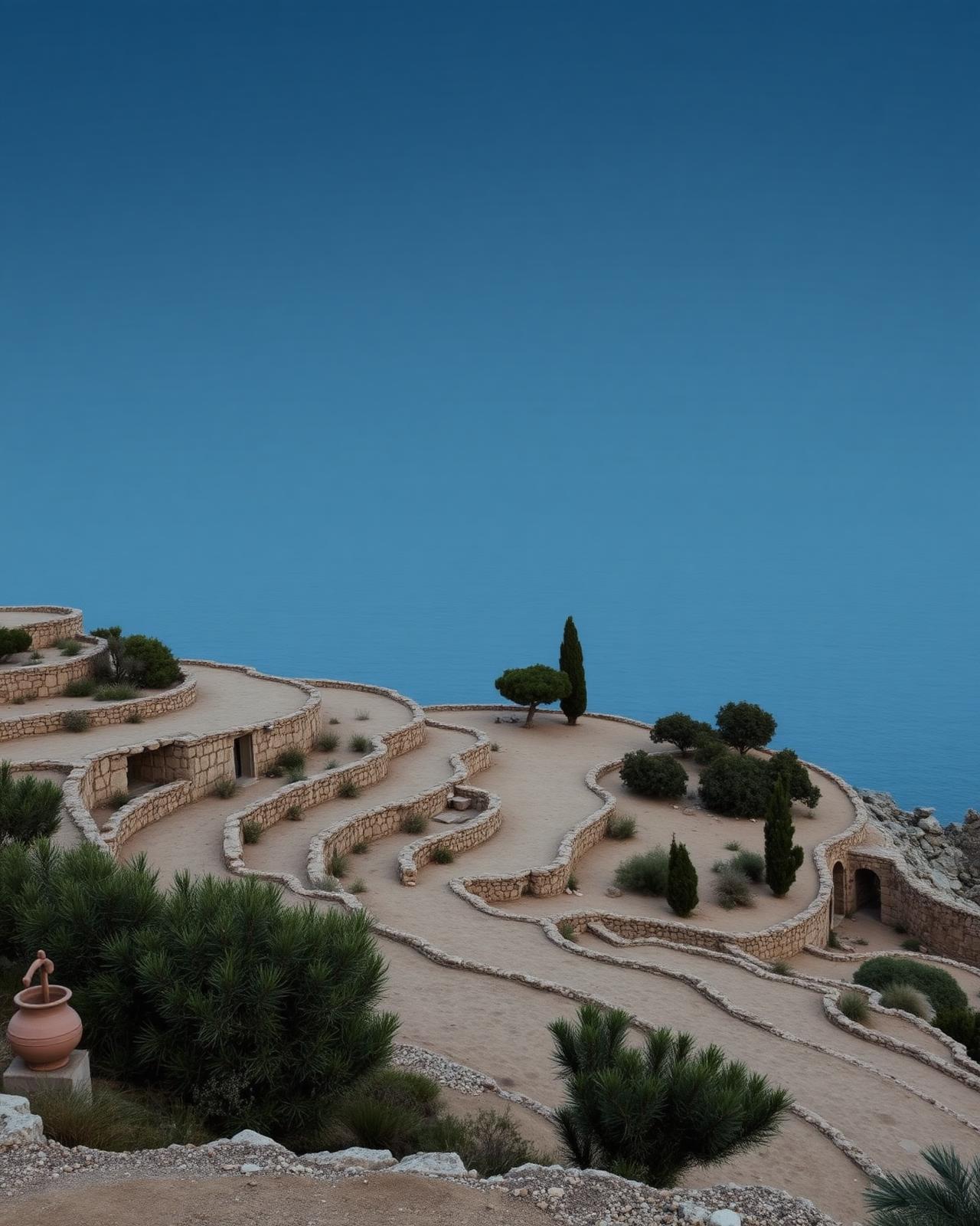 [Placeholder] Ancient stone terraces above an empty Mediterranean coastline