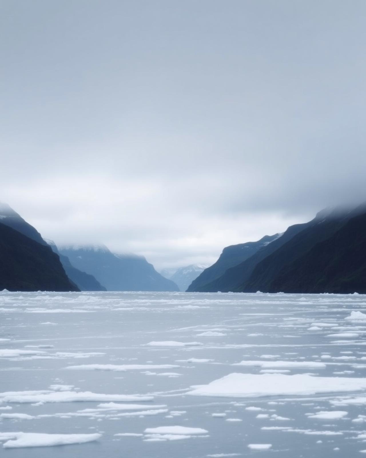 [Placeholder] Sea ice drifting through a quiet polar fjord beneath low cloud
