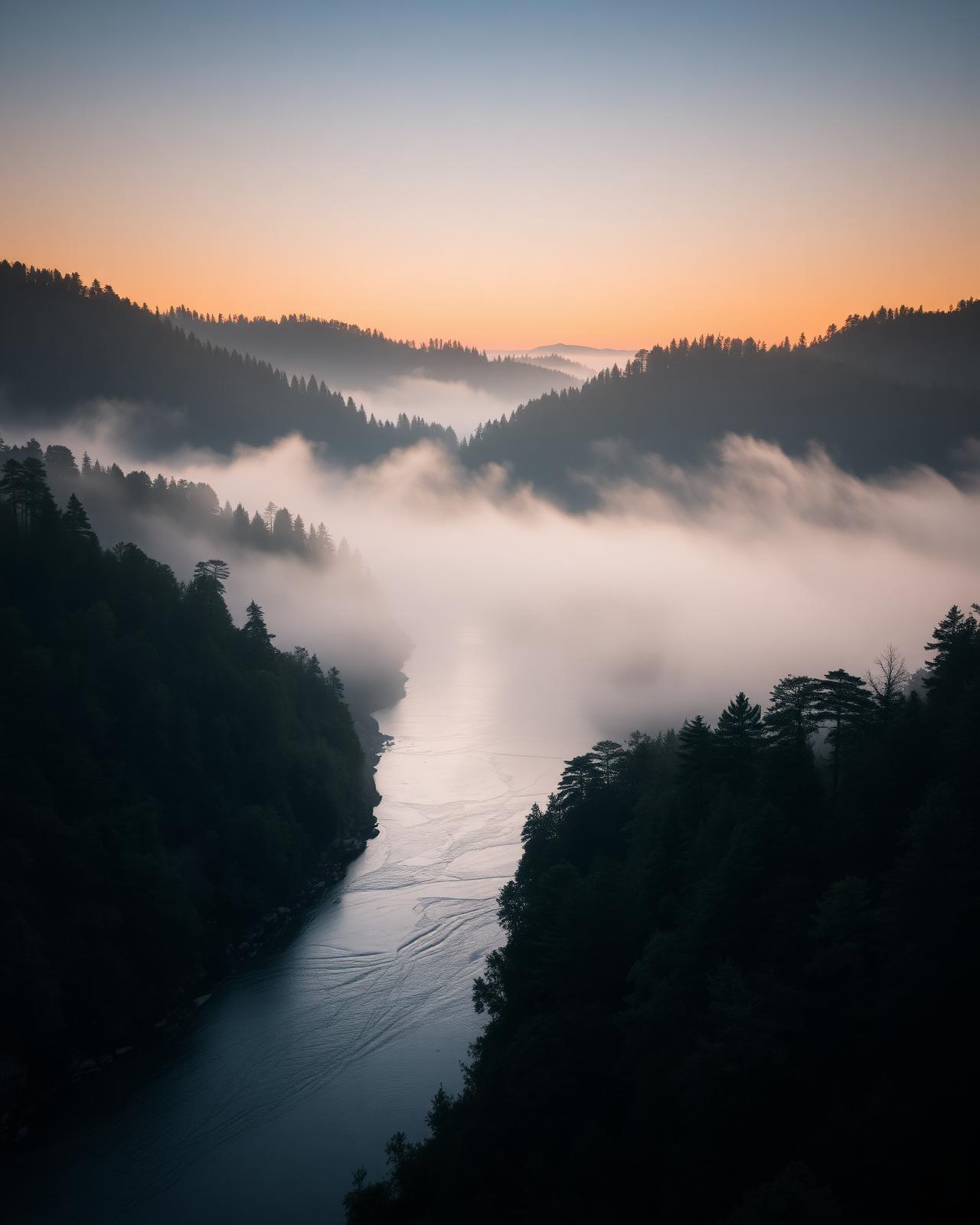 [Placeholder] A river winding through forested hills in dawn mist